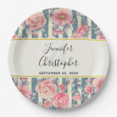 Pink-Aquarellfarben-Blume auf Streifen Hochzeitspa Pappteller (Vorderseite)