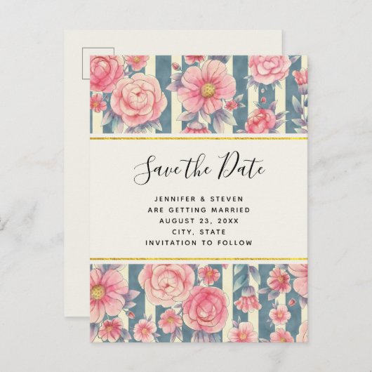 Pink-Aquarellfarben-Blume Hochzeitsfeiern Das Datu Einladungspostkarte (Vorne/Hinten)