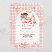 Pink Arch Gingham Baby Is Brewing Baby Shower Einladung (Vorne/Hinten)