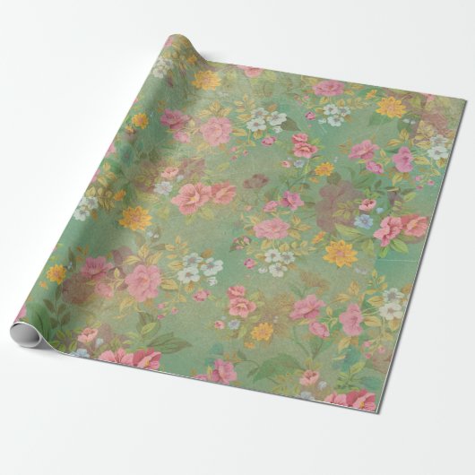 Pink auf grünem Vintage Geschenkpapier (Ungerollt)