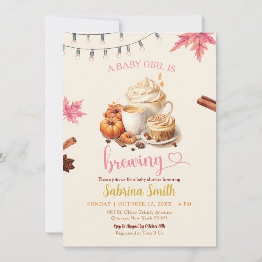 Pink Autumn lässt Pumpkin Coffee Baby Dusche Einladung (Vorderseite)