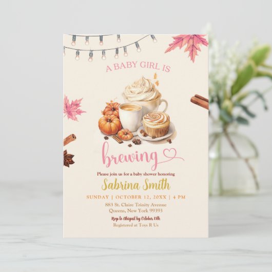 Pink Autumn lässt Pumpkin Coffee Baby Dusche Einladung (Stehend Vorderseite)