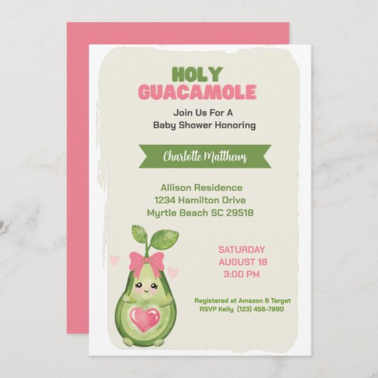 Pink Avocado Holy Guacamole Babydusche Einladung (Vorne/Hinten)