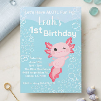 Pink Axolotl Girl 1. Geburtstag Party Einladung