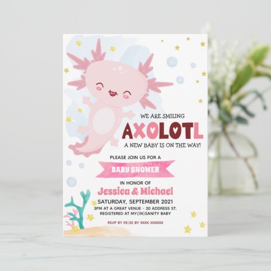 Pink Axolotl Girl Dusche Einladung (Stehend Vorderseite)