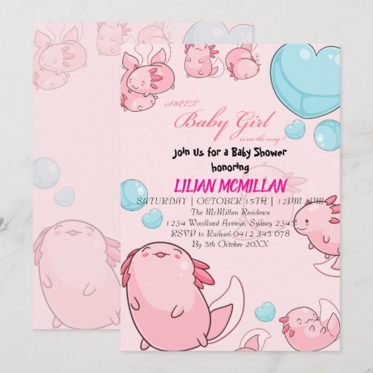 PINK AXOLOTL Kinderdusche Einladung Mädchen (Vorne/Hinten)
