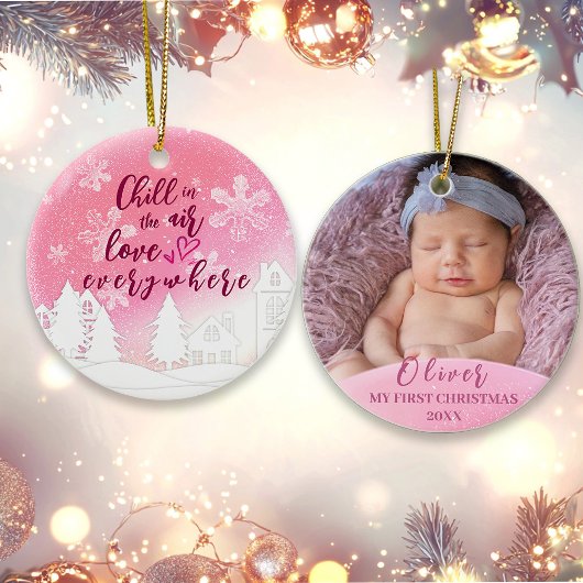 Pink Baby 1. Weihnachtsfeier Foto Keramik Ornament