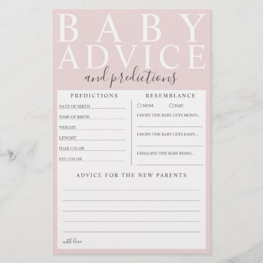Pink Baby Advice & Predictions Baby Shower Game (Vorderseite)