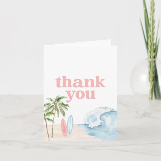 Pink Baby an Bord Surf Beach Baby Dusche Dankeskarte (Vorderseite)