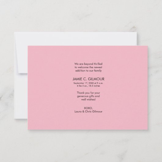 Pink Baby Announction Dankbares Script, schwarz Einladung (Rückseite)