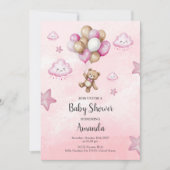 Pink Baby Bear Balloon Girl Baby Shower Einladung (Vorderseite)