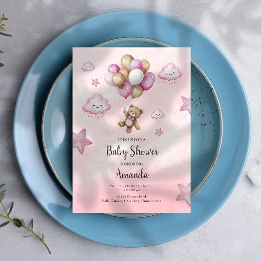 Pink Baby Bear Balloon Girl Baby Shower Einladung
