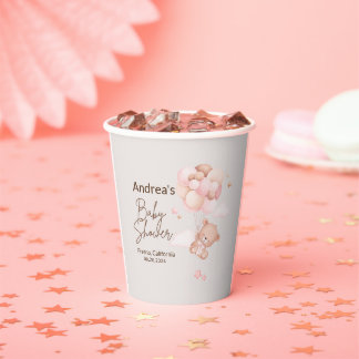 Pink Baby Bear & Balloons Babydusche Papiertüten Pappbecher