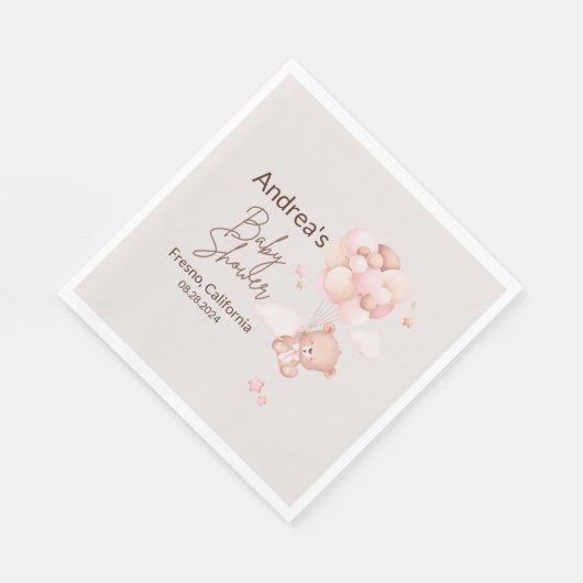Pink Baby Bear & Balloons Babydusche Party Napkin Serviette (Ecke)