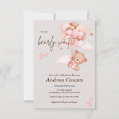 Pink Baby Bear & Balloons Kinderdusche Einladung (Vorderseite)