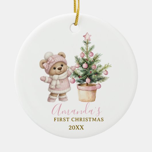 Pink Baby Bear First Christmas Keepsake Keramik Ornament (Vorne)
