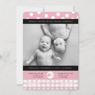 Pink Baby Birds Lace Twin Girls Geburtsankündigung Ankündigung