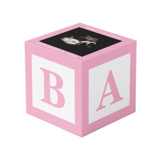 Pink Baby Block Sonogram Pregnancy Keepake Foto Würfel (Vorderseite Schrägansicht)