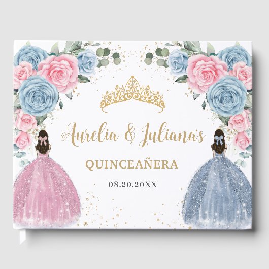 Pink Baby Blue Floral Princesses Twins Quinceañera Gästebuch (Vorderseite)