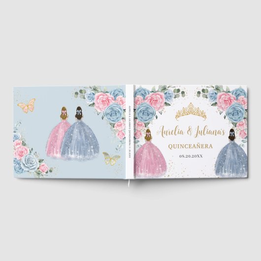 Pink Baby Blue Floral Princesses Twins Quinceañera Gästebuch (Voll)