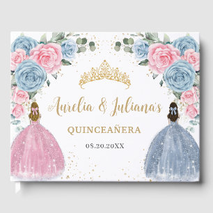 Pink Baby Blue Floral Princesses Twins Quinceañera Gästebuch