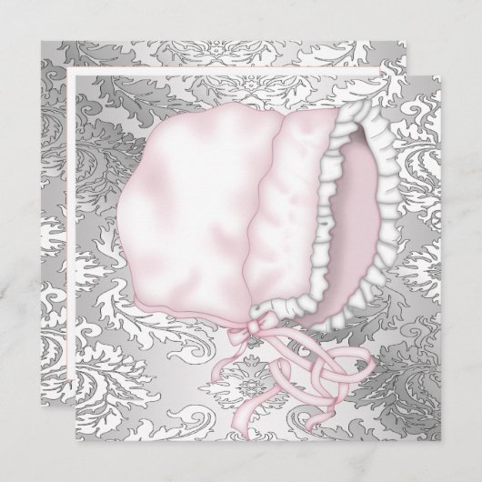 Pink Baby Bonnett Damask Baby Dusche Einladung (Vorne/Hinten)