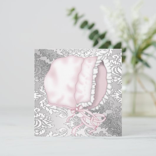 Pink Baby Bonnett Damask Baby Dusche Einladung (Stehend Vorderseite)