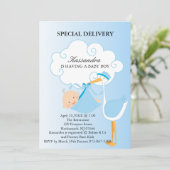 Pink Baby Boy Stork Babydusche Einladung (Stehend Vorderseite)