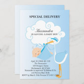 Pink Baby Boy Stork Babydusche Einladung (Vorne/Hinten)