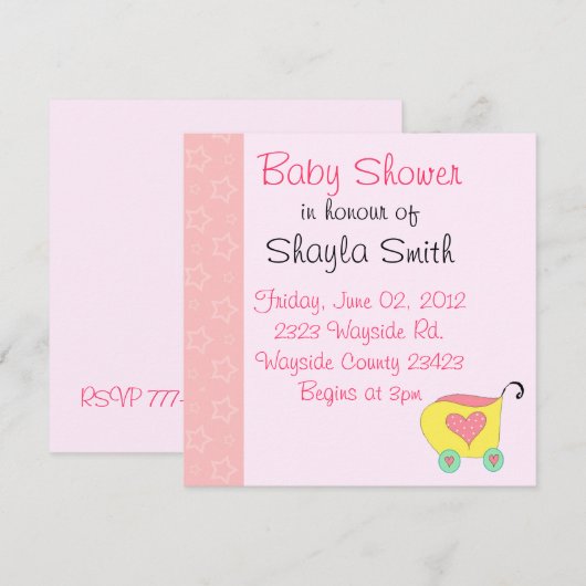 Pink Baby Buggy Dusche Einladung (Vorne/Hinten)