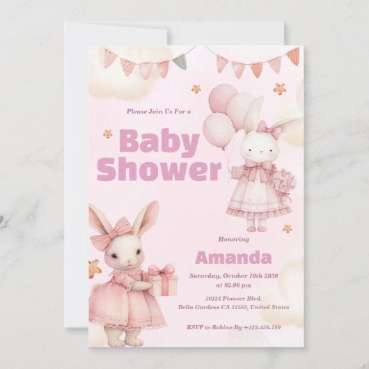 Pink Baby Bunny Shower Einladung (Vorderseite)