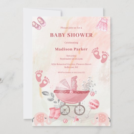 Pink Baby Carriage Baby Shower Einladung (Vorderseite)