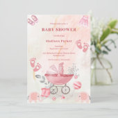 Pink Baby Carriage Baby Shower Einladung (Stehend Vorderseite)
