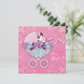 Pink Baby Carriage Girl Dusche Einladung (Stehend Vorderseite)