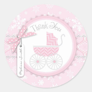 Pink Baby Carriage & Winter Snowflake Danke Runder Aufkleber