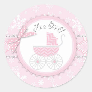 Pink Baby Carriage & Winter Snowflakes Runder Aufkleber
