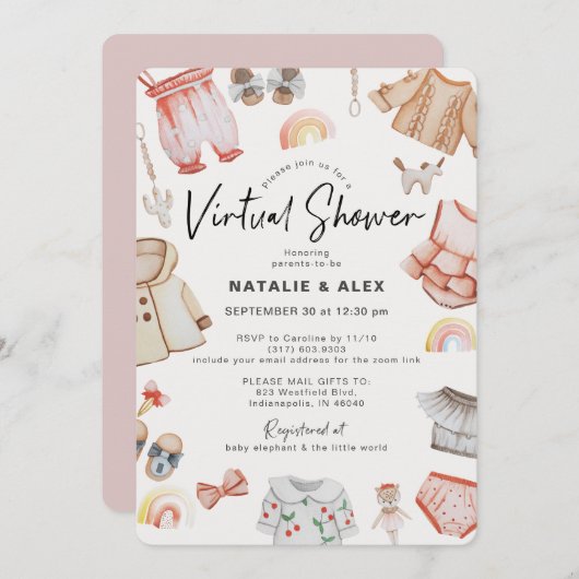 Pink Baby Clothes & Toys Virtual Baby Dusche Einladung (Vorne/Hinten)
