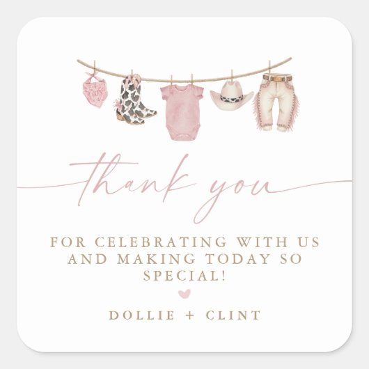 Pink Baby Clothesline Little Cowgirl Baby Shower Quadratischer Aufkleber (Vorderseite)