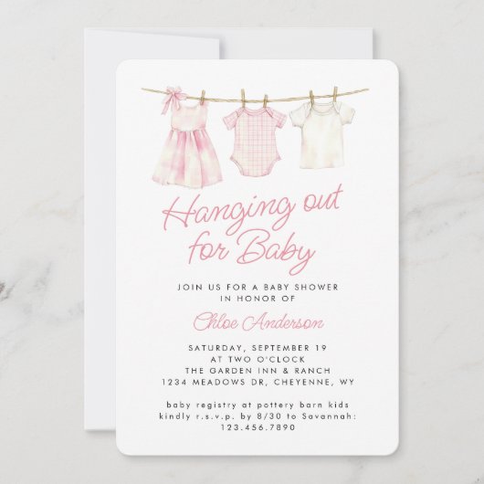 Pink Baby Clothesline Niedlich Rustic Girl Baby Du Einladung (Vorderseite)
