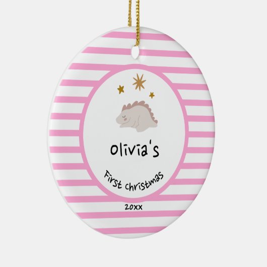 Pink Baby Dino | Erste Weihnachten Rosa Streifen C Keramik Ornament (Rechts)