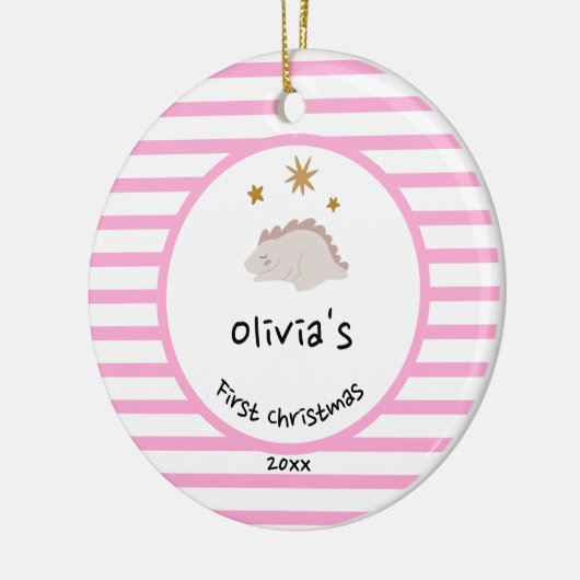 Pink Baby Dino | Erste Weihnachten Rosa Streifen C Keramik Ornament (Links)