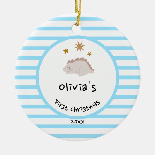 Pink Baby Dino | First Christmas Baby Blue Strip Keramik Ornament (Vorne)