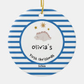 Pink Baby Dino | First Christmas Blue Stripe Chic Keramik Ornament (Vorne)