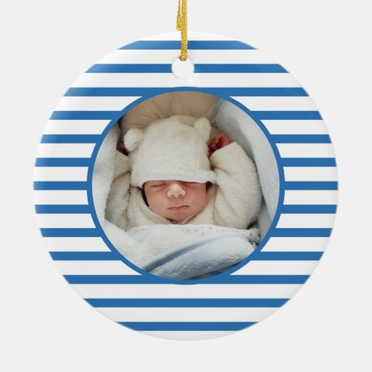 Pink Baby Dino | First Christmas Blue Stripe Chic Keramik Ornament (Hinten)