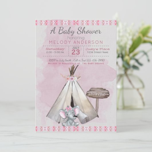 Pink Baby Dusche Boho Baby Elephant & Tipi Einladung (Stehend Vorderseite)