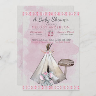 Pink Baby Dusche Boho Baby Elephant & Tipi Einladung
