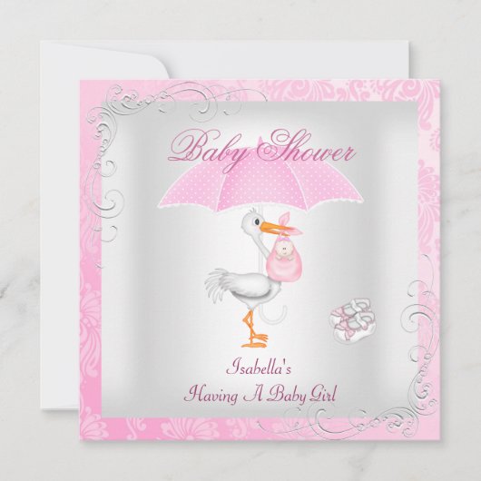 Pink Baby Dusche Girl Umbrella Damask Einladung (Vorderseite)