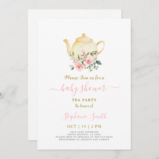 Pink Baby Dusche Par Tea Einladung (Vorne/Hinten)