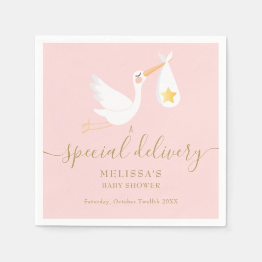 Pink Baby Dusche Sonderlieferung Stork Gold Star Serviette (Vorderseite)