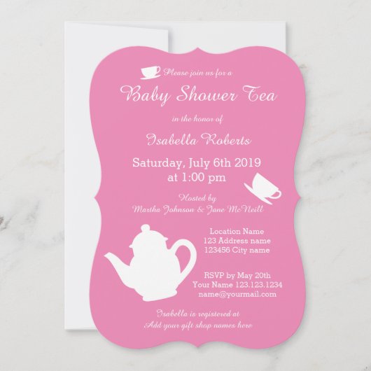 Pink Baby Dusche Tee Party Einladung mit Teekanne (Vorderseite)